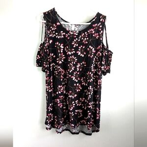 Niloufo 3XL Soft Jersey Criss Cross Strap Cold Shoulder Floral Top